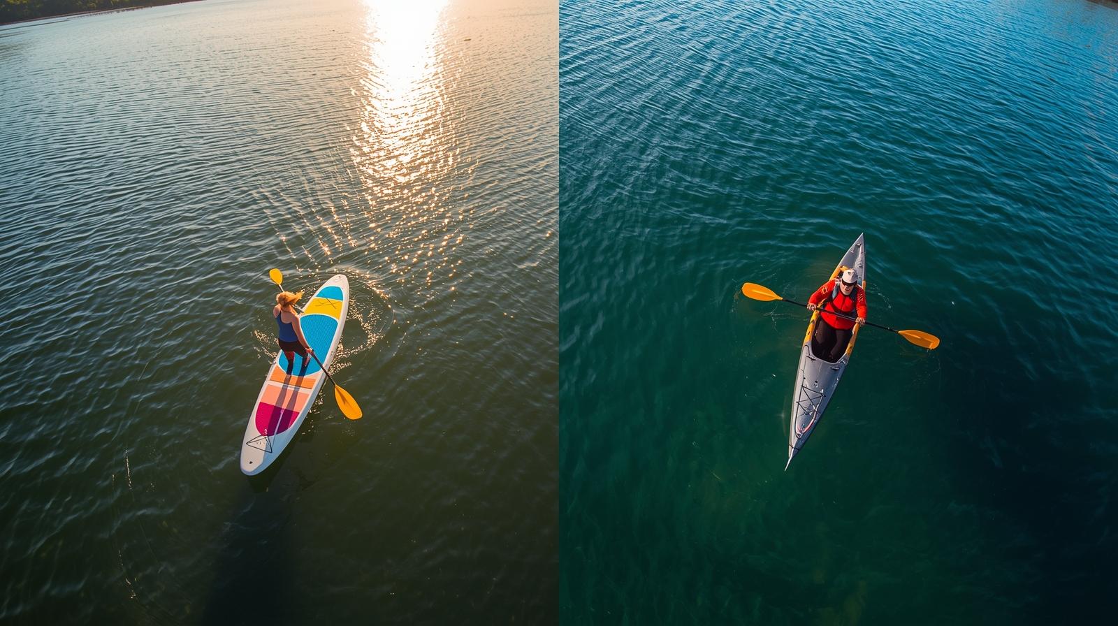 | the mckellar group Side by Side Comparison Photograph of a Woman on the Left Paddleboarding and a Man Kayaking on the Right