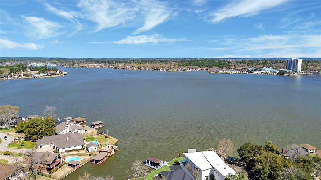 Wide Shot from Above of Lake Conroe on a Sunny Day with Clear Skies