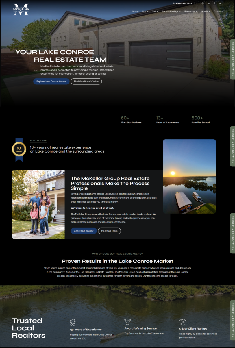 Hero Image of a Modern House with Bold Overlay Text'YOUR LAKE CONROE REAL ESTATE TEAM' and two call-to-action buttons: Explore Lake Conroe Homes and Find Your Home’s Value.