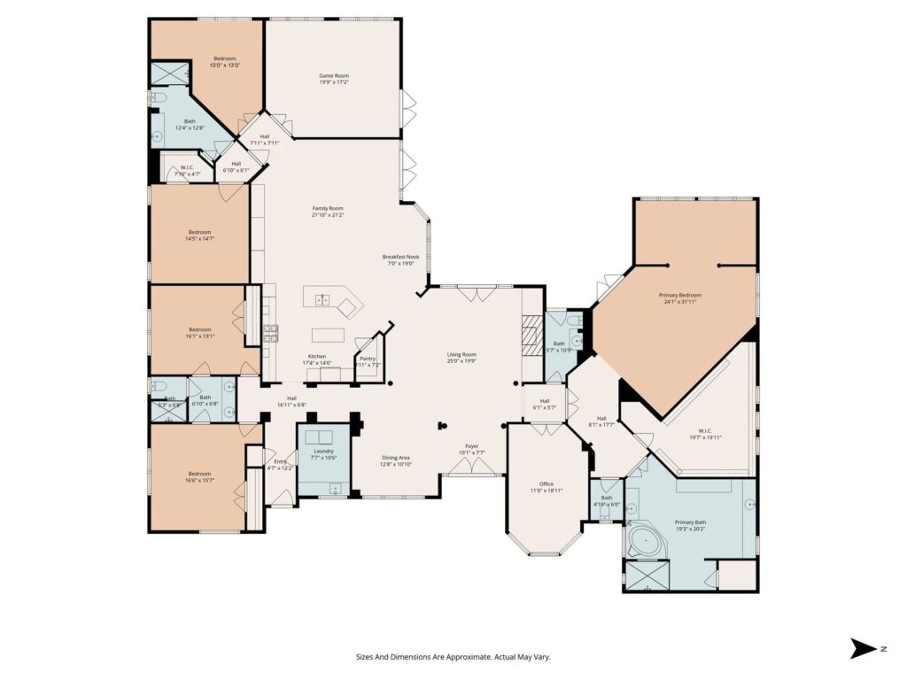 Full plan 184 | the mckellar group Color coded Floor Plan of a Large Home Showing Bedrooms Bathrooms Kitchen Living Areas and a Game Room Connected by Hallways