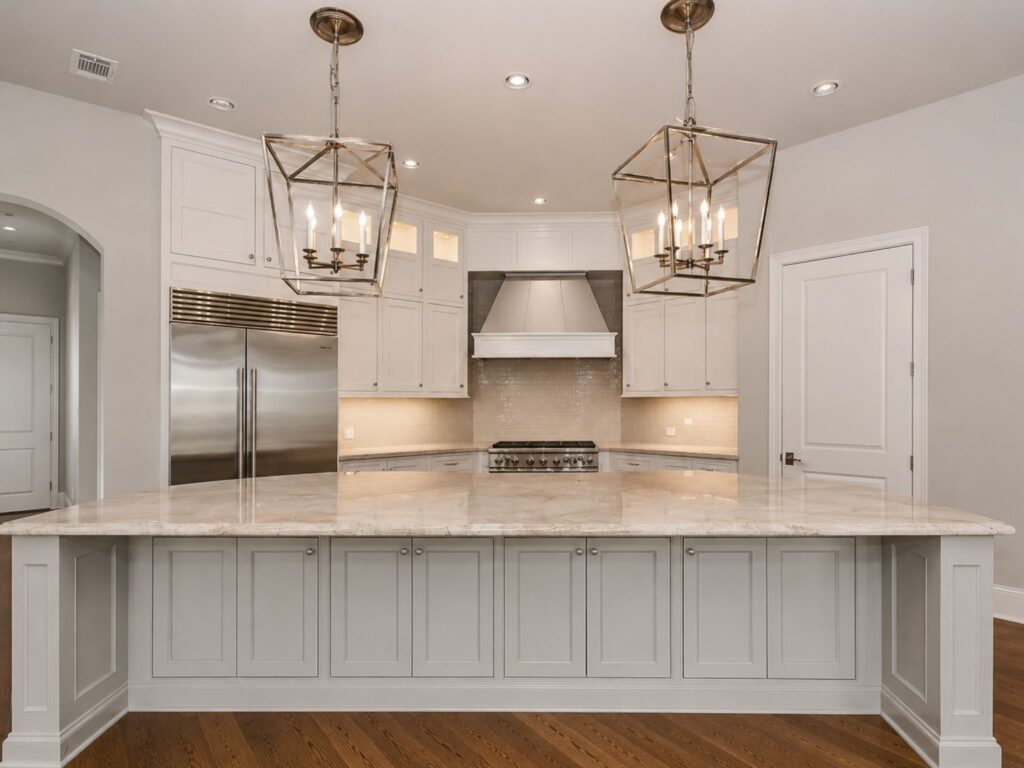 | the mckellar group Modern White Kitchen with a Large Marble topped Island and Gray Cabinet Base Stainless Steel Fridge and Gas Range with a Hood