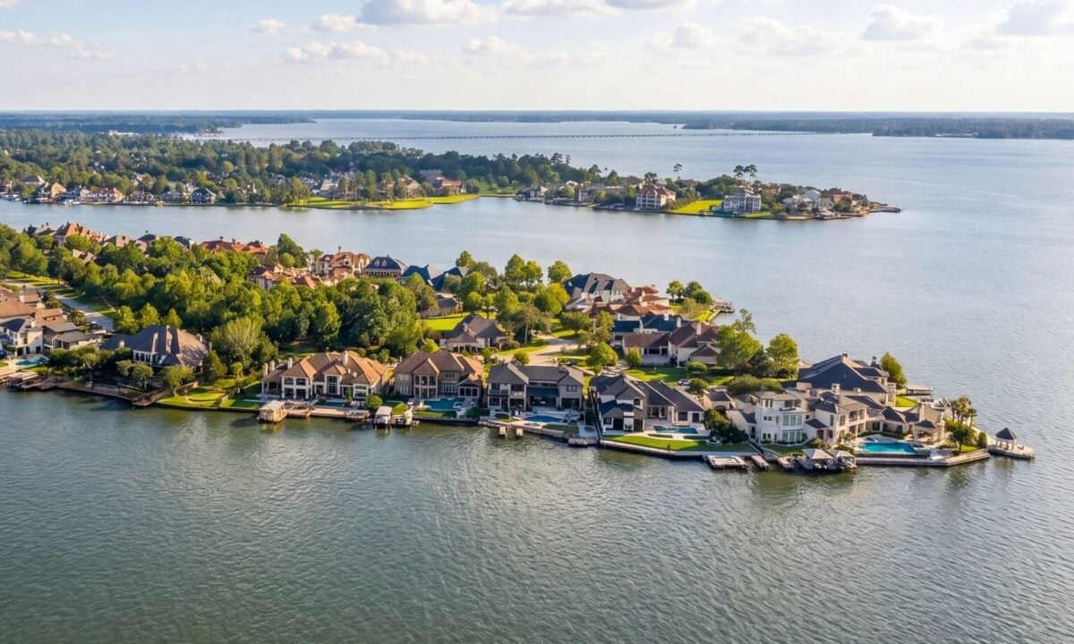 | the mckellar group Aerial View of a Lakeside Residential Neighborhood with Many Houses Along the Shoreline and a Red Location Pin Marking a House on the Waterfront Community